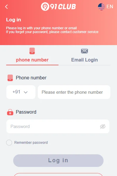 91 club login page