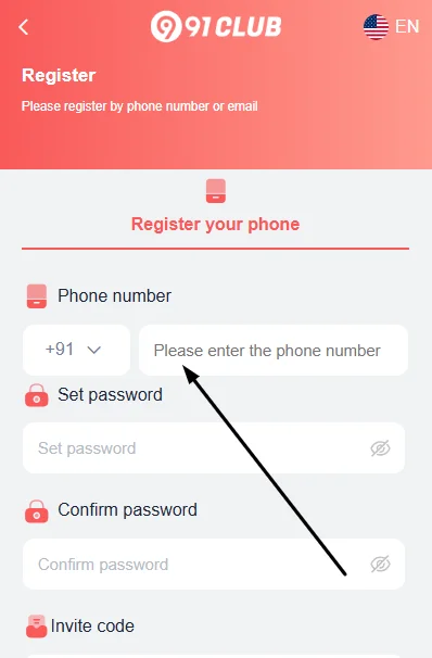 enter the phone number to register