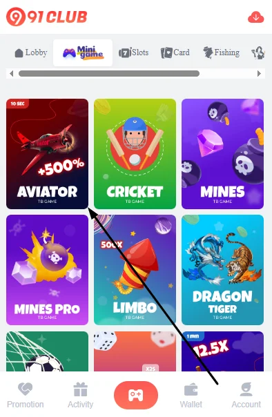 play aviator game on 91 club